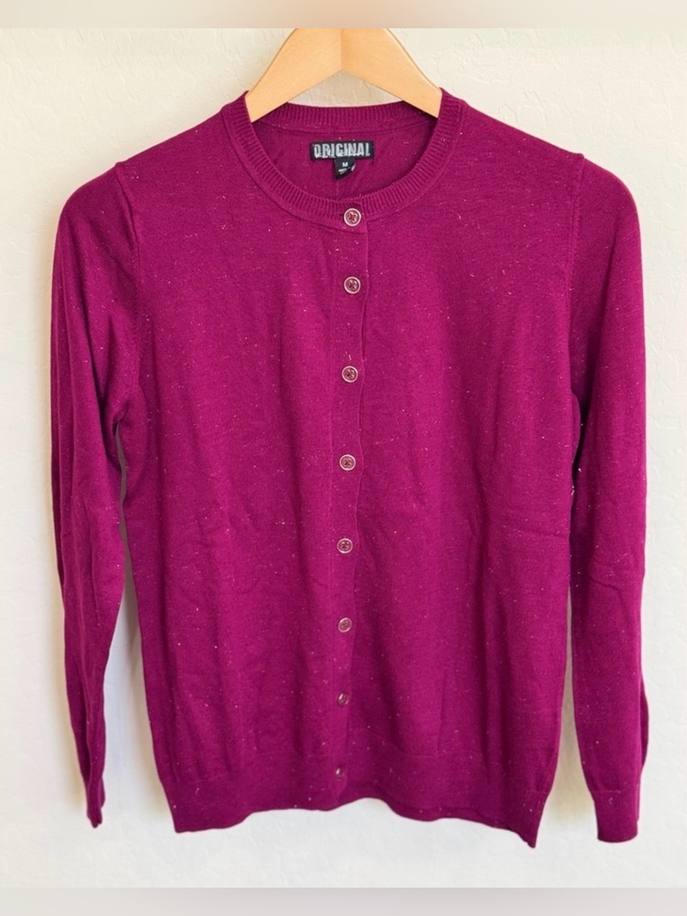 Nicole Miller Original Metallic Sparkle Cardigan Sweater Berry Magenta Size M